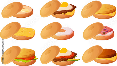 Vector illustration of bagels with toppings isolated on white background
