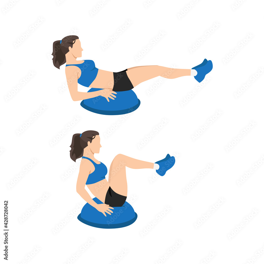 Woman doing Bosu ball leg pull in. Knee tucks exercise flat vector illustration isolated on white background Woman doing Bosu ball leg pull in. Knee tucks exercise flat vector illustration isolated on white background