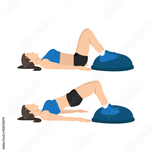 Woman doing Bosu ball bridges hip raises. Glute bridges flat vector illustration isolated on white background