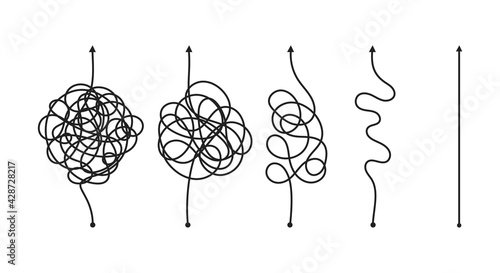 Complex and easy simple way from start to end. Chaos simplifying, problem solving and business solution searching challenge concept vector illustration set. Hand drawn doodle scribble chaos path lines
