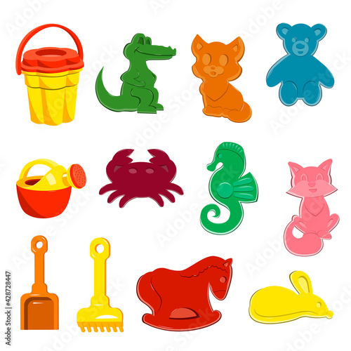 A set of sand toys. Animal molds, bucket, watering can, shovel, rake, toys for children. Vector isolated on a white background