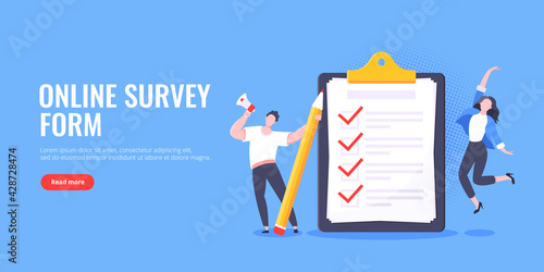 Checklist complete business concept tiny people with megaphone and pencil nearby giant clipboard, task done and check mark ticks flat style design vector illustration isolated white background.