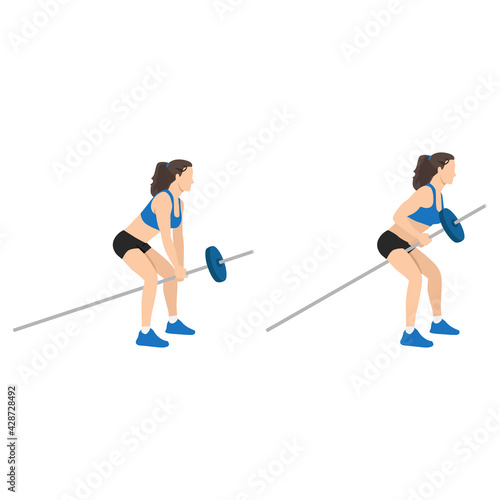 Woman doing bent over two arm long barbell. T-bar rows exercise flat vector illustration isolated on white background