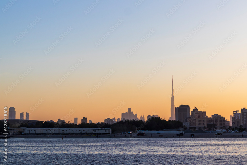 Dubai, UAE - 04.17.2021 Al Jadaf area of Dubai with tallest building in the world Burj Khalifa on the background. Outdoors Dubai, UAE - 04.17.2021 Al Jadaf area of Dubai with tallest building in the world Burj Khalifa on the background. Outdoors