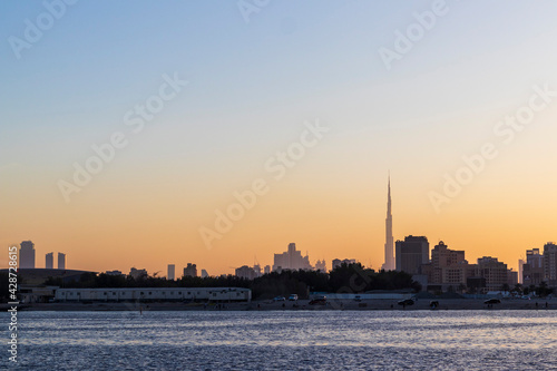 Dubai  UAE - 04.17.2021 Al Jadaf area of Dubai with tallest building in the world Burj Khalifa on the background. Outdoors