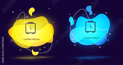 Black Alarm clock icon isolated on black background. Wake up, get up concept. Time sign. Abstract banner with liquid shapes. Vector