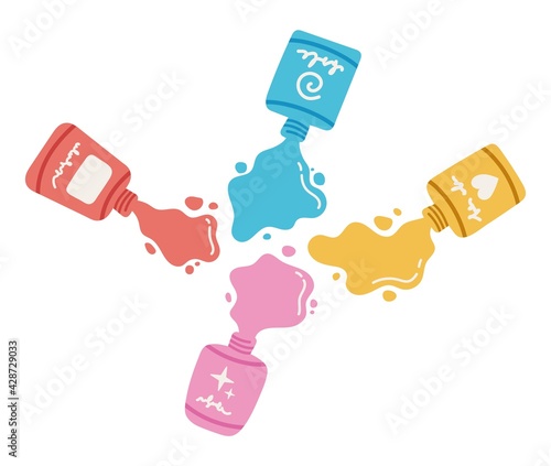 Colorful nail polish bottles. Spilled bottles. Vector flat illustration.