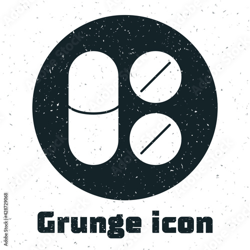 Grunge Toothache painkiller tablet icon isolated on white background. Tooth care medicine. Capsule pill and drug. Pharmacy design. Monochrome vintage drawing. Vector