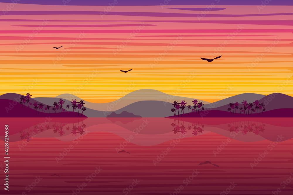 Sunset over tropical island landscape background in flat style. Hills with palm trees, sea or ocean coast, birds fly, purple evening after sunset. Nature scenery. Vector illustration of web banner