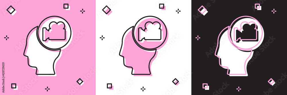 Set Head with camera icon isolated on pink and white, black background. Video camera. Movie sign. Film projector. Vector Set Head with camera icon isolated on pink and white, black background. Video camera. Movie sign. Film projector. Vector