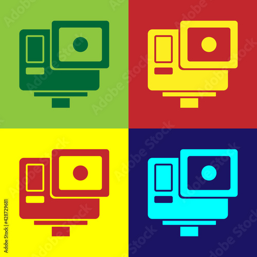 Pop art Action extreme camera icon isolated on color background. Video camera equipment for filming extreme sports. Vector