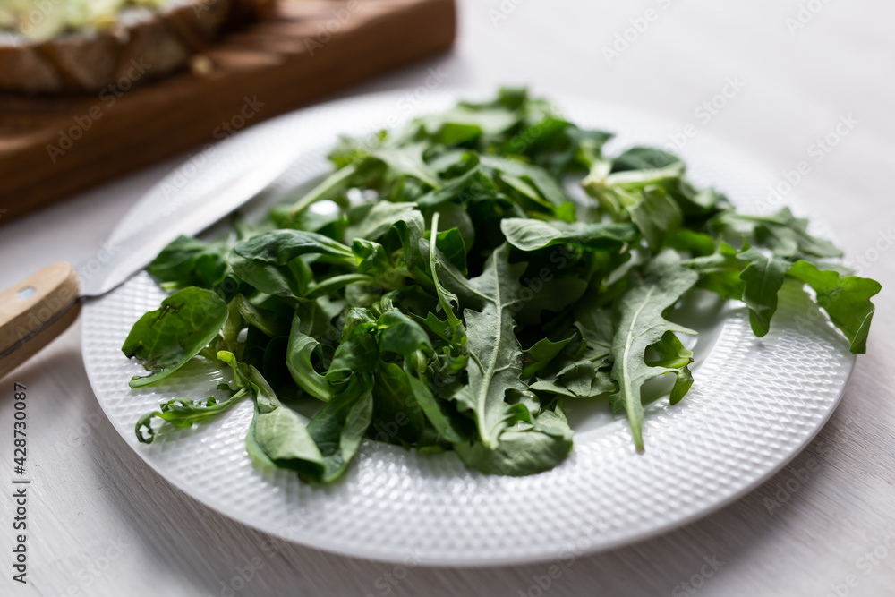 Fresh arugula salad on a plate. Concept of dieting or detox or vegetarian Fresh arugula salad on a plate. Concept of dieting or detox or vegetarian