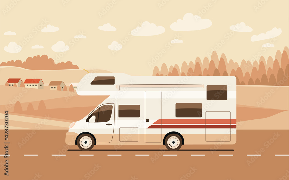 Obraz premium Motorhome on the road against the backdrop of a rural landscape. Vector flat style illustration.