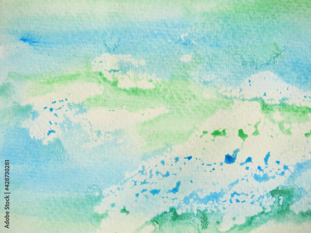 Abstract background and texture pattern blue and green color flow on white background, Illustration watercolor hand draw and painted on paper	