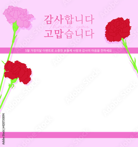 Illustrated carnation flower frame background. Korean translation: "Thank you"