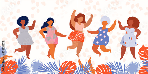 Happy fat women dance. A plus-size female with excess weight. Vector illustration. All bodies are beautiful Body positive. Girls in summer dresses relax.