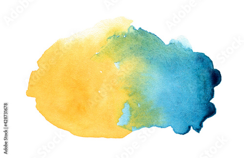 Abstract gradient blue and yellow watercolor on white background.The color splashing on the paper