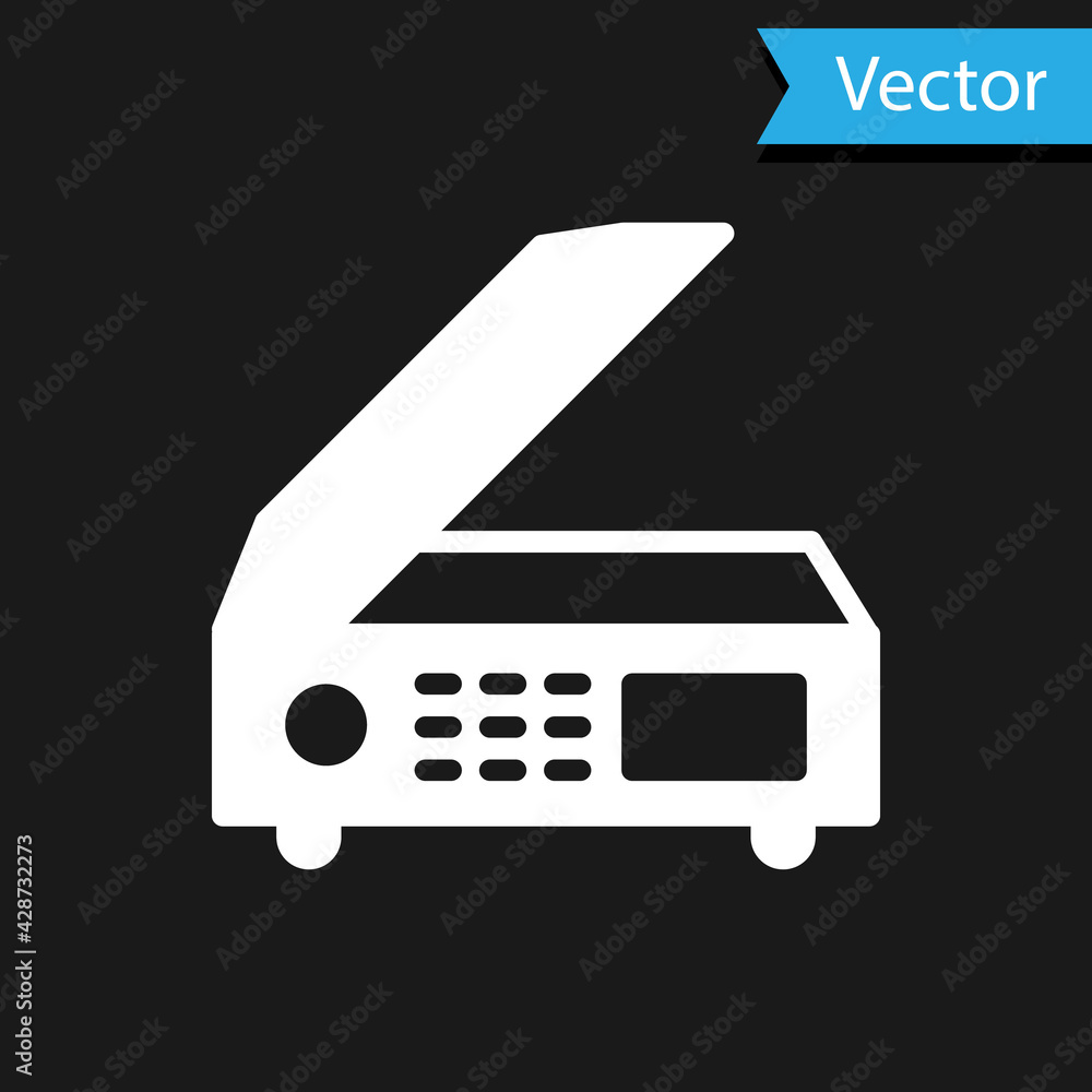 White Scanner icon isolated on black background. Scan document, paper copy, print office scanner. Vector White Scanner icon isolated on black background. Scan document, paper copy, print office scanner. Vector