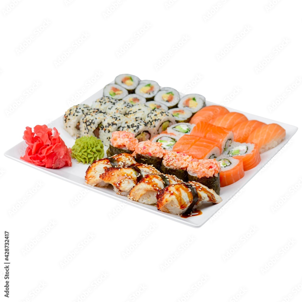 Sushi set isolated on white. Japanese cuisne traditional. Sushi with sesame seeds, Philadelphia cheese and salmon. Sushi set isolated on white. Japanese cuisne traditional. Sushi with sesame seeds, Philadelphia cheese and salmon.