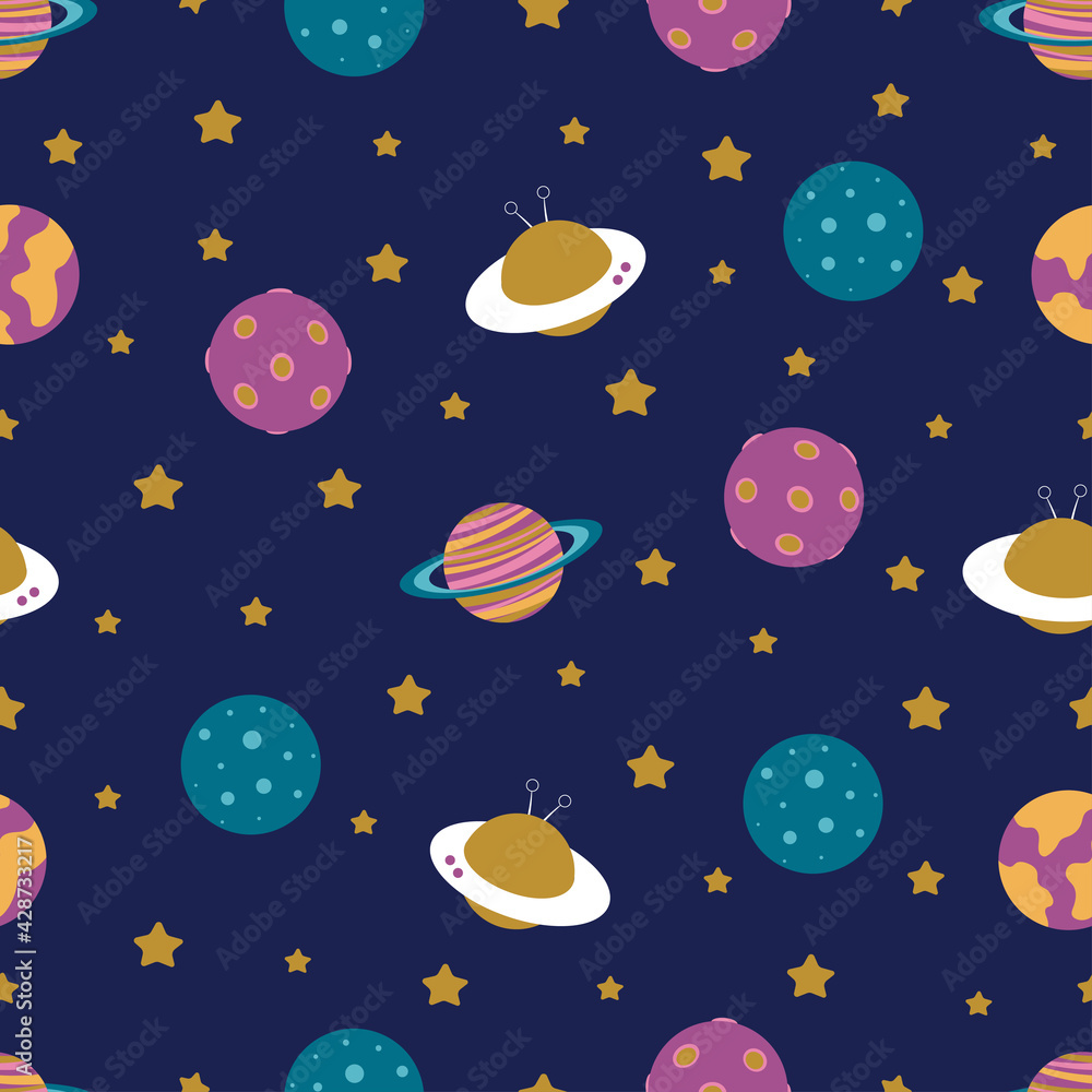 seamless pattern with planets, space vector illustration