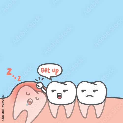 Blank banner dental cartoon of white teeth try to get the impaction tooth up by knocking gum illustration cartoon character vector design on blue background. Dental care concept.