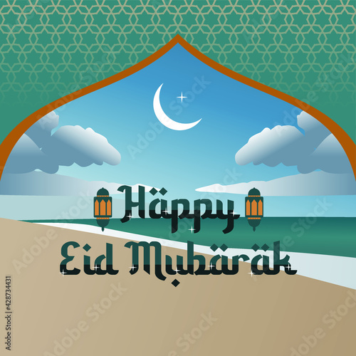 "Happy Eid Mubarak" ocean theme background. Vector design illustration