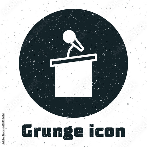 Grunge Stage stand or debate podium rostrum icon isolated on white background. Conference speech tribune. Monochrome vintage drawing. Vector