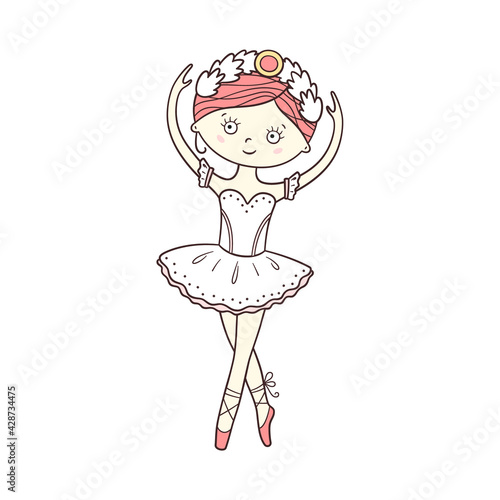 Little cute ballerina in pointe shoes and dress. Isolated vector illustration in doodle style on white background