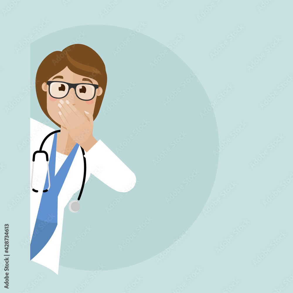Doctor peeps around the corner and covers his face with his hand. She doctor is surprised. Vector flat illusration. Doctor peeps around the corner and covers his face with his hand. She doctor is surprised. Vector flat illusration.