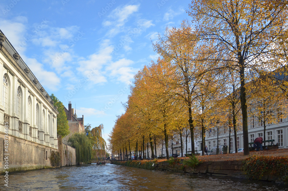 Autumn in Bruges, Belgium. Bruges, the capital of West Flanders in northwest Belgium, is distinguished by its canals, cobbled streets and medieval buildings.
