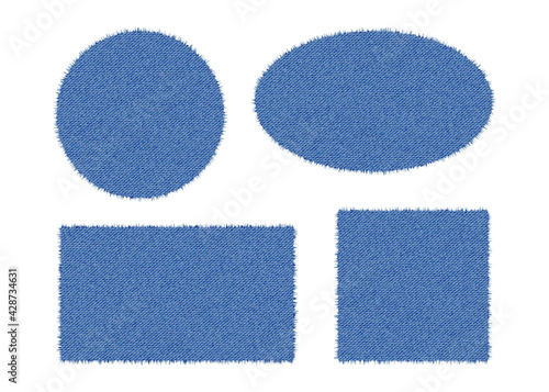 Set of denim shapes. Torn jean patches - circle, square, oval and rectangle. Vector realistic illustration on white background.