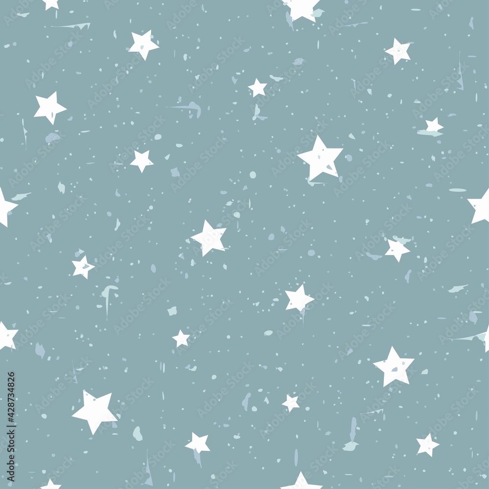 Seamless abstract pattern with white stars of different rotation and size.