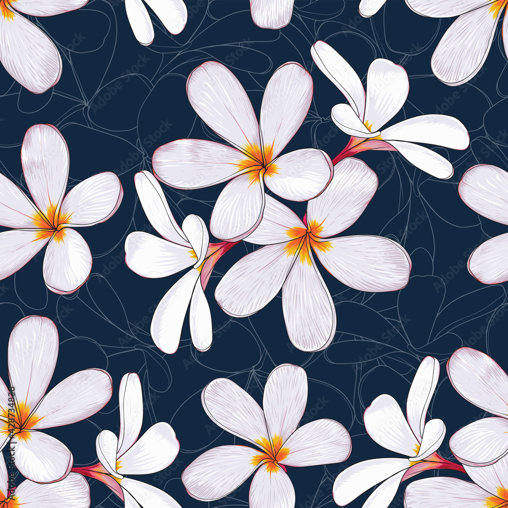 Seamless pattern floral with Frangipani flowers dark blue abstract background.Vector illustration hand drawn line art.fabric textile print design Seamless pattern floral with Frangipani flowers dark blue abstract background.Vector illustration hand drawn line art.fabric textile print design