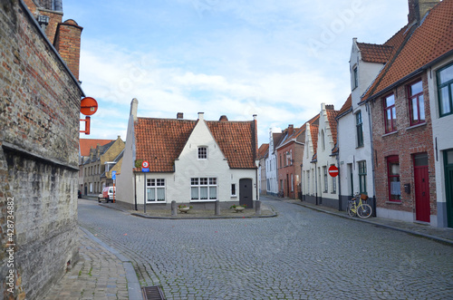 Old street in Bruges (Brugge), Belgium. Cityscape of Bruges. Typical architecture of Bruges