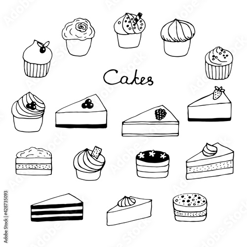 Set of cakes, cupcakes and cheesecakes, vector illustration, doodles, hand drawn