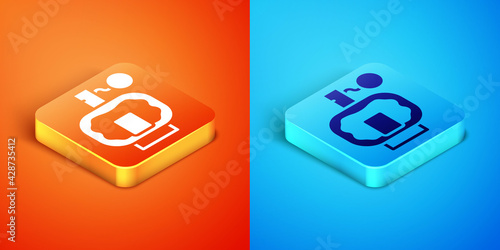 Isometric Aftershave icon isolated on orange and blue background. Cologne spray icon. Male perfume bottle. Vector