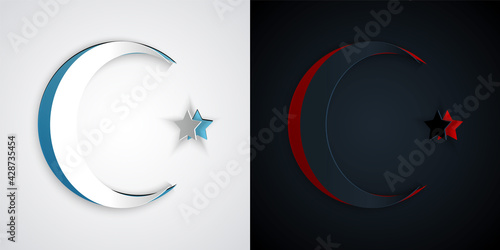 Paper cut Star and crescent - symbol of Islam icon isolated on grey and black background. Religion symbol. Paper art style. Vector