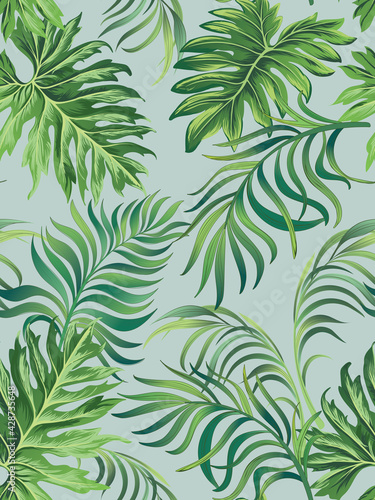 Jtropical vector pattern with leaves. Trendy summer print. Exotic seamless background.