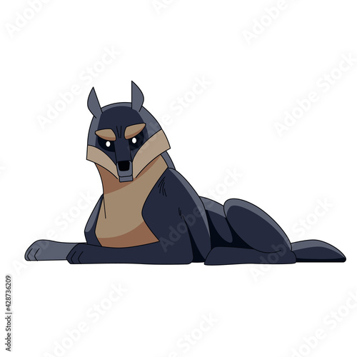 Big Wolf Leader is resting. Cartoon character of a dangerous mammal animal. A wild forest creature with dark fur. Side view. Vector flat illustration isolated on a white background