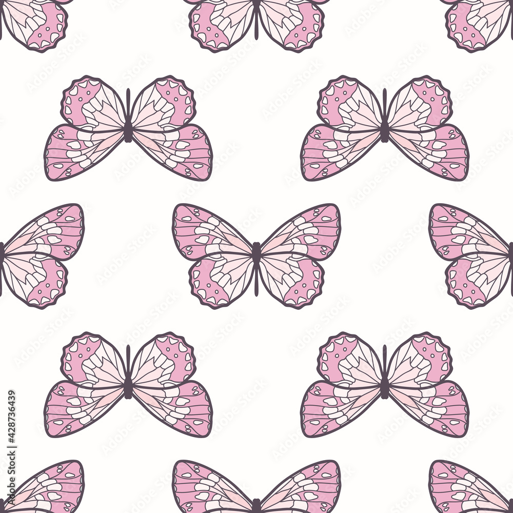 Fototapeta premium Butterfly seamless repeat pattern vector background, pink