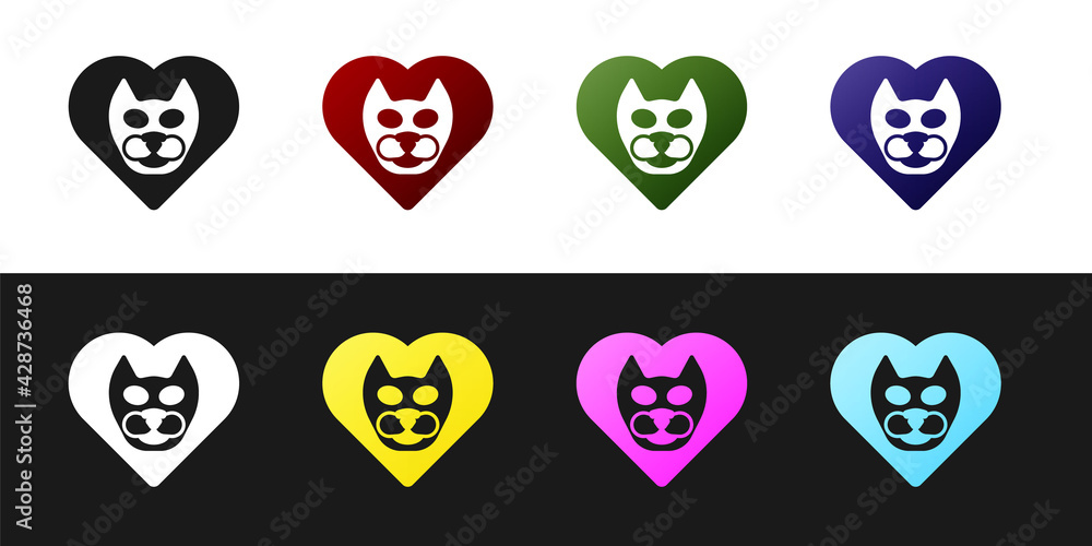 Set Heart with cat icon isolated on black and white background. Love to the animals. Vector