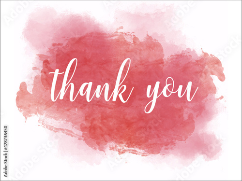 Thank you lettering in white. Calligraphic white font on pink watercolor background. Watercolor stains. Postcard. Thanks.