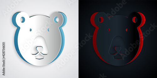 Paper cut Bear head icon isolated on grey and black background. Paper art style. Vector