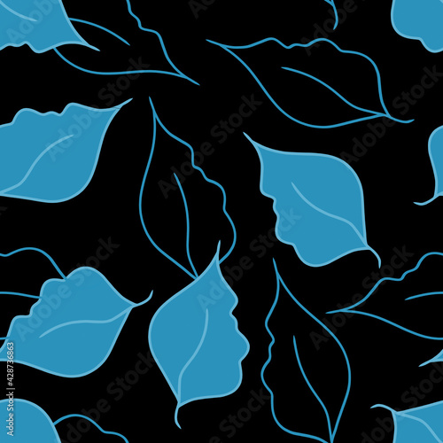 Abstract blue leaves on a black background. Seamless patterns. Botanical hand drawn background. For printing on fabric, packaging design. © Елена Пантюхина