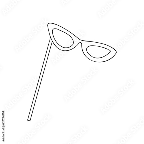 Vector glasses in the style of doodle on a stick for festive photo shoots. Glasses with black outline in almond shape.