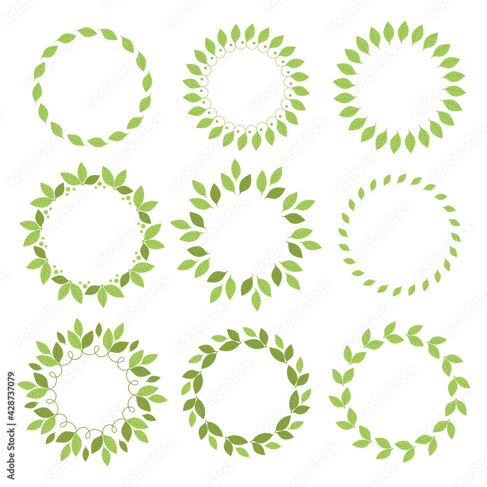 Set round frames with green leaves. Template, place for text, design of cards, banners. Green tea leaves, matcha. Healthy lifestyle, ecology, spring frame. Illustration in flat style