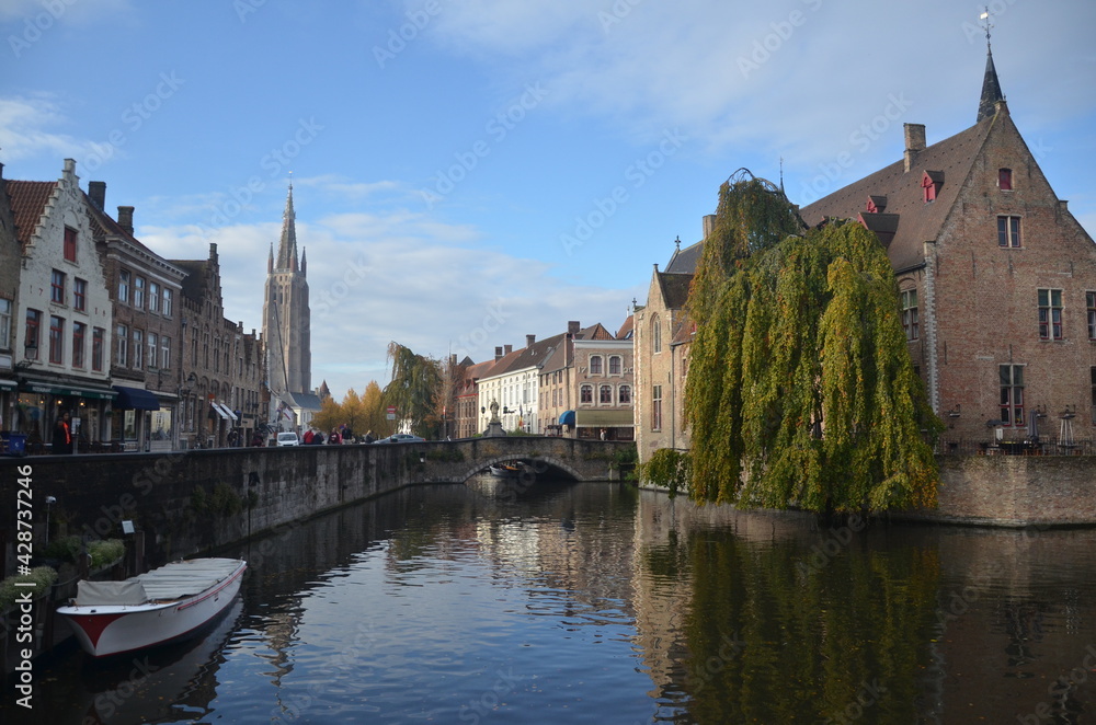 Autumn in Bruges, Belgium. Bruges, the capital of West Flanders in northwest Belgium, is distinguished by its canals, cobbled streets and medieval buildings.