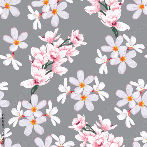 Seamless pattern floral with pink Orchid and frangipani flowers abstract background.Vector illustration drawing.For used wallpaper design,textile fabric or Product packaging. © NOPPHACHAI