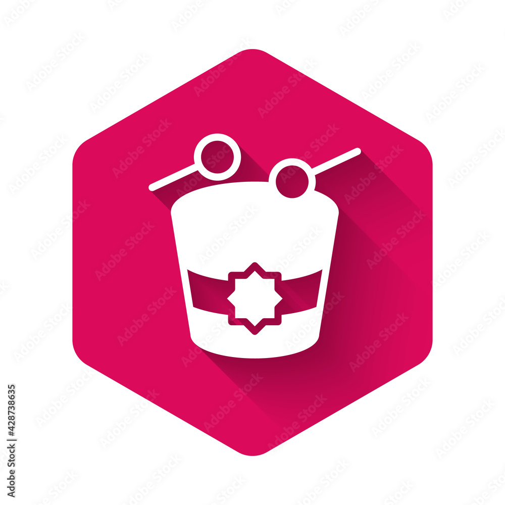 White Ramadan drum icon isolated with long shadow background. Pink hexagon button. Vector White Ramadan drum icon isolated with long shadow background. Pink hexagon button. Vector