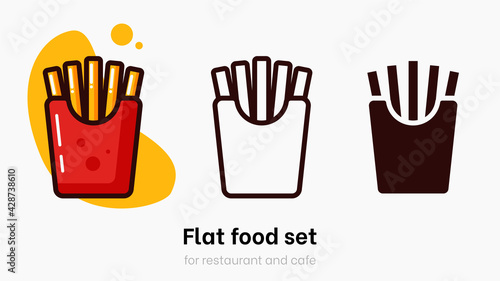 Flat fries vector illustration set. French fries vector set for restaurant, dinner and menu. Bright colorful fries on yellow background with vibrant and bright colors. Potato vector logo template set